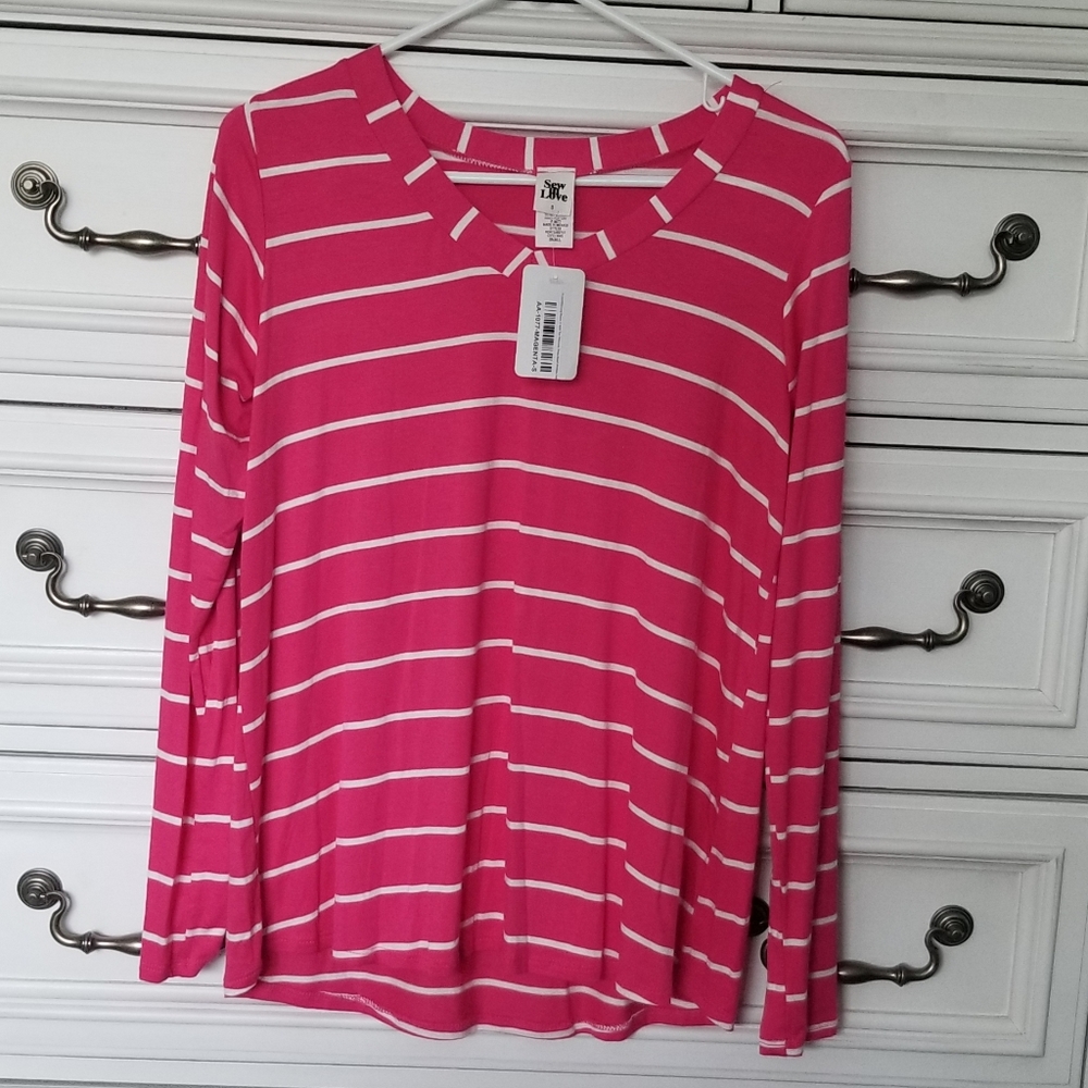 NWT Sew In Love Fuschia Pink & White Stripe Long Sleeve V-Neck Tee - Size Small